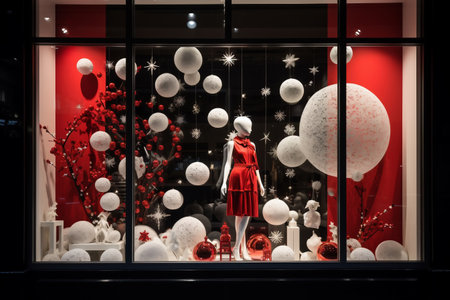 Shop Window with festive white red Christmas decorations idea. AI Generative.