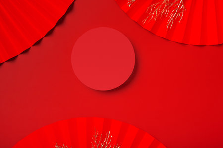 Mock up podium round stage or pedestal and paper art Chinese new year symbol top view.の写真素材
