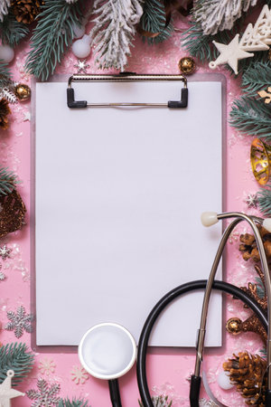 Doctor's stethoscope and XMAS decorations top view. Medical winter holidays Christmas New Year background with copy space.の写真素材