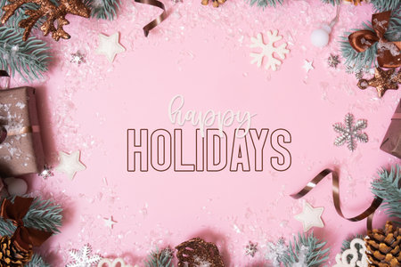 Happy Holidays text and winter decoration on colored background. Winter holidays greeting card.の写真素材