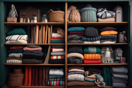 Wardrobe shelves with clothes, things, plaids, baskets. Organization of space in the closetの素材