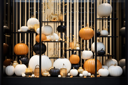 Idea for decoration shop window with white, black, orange pumpkins and autumn leaves for fall season.の素材