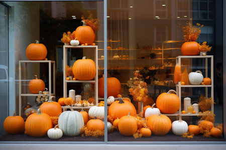 A shop window is decorated with pumpkins and autumn leaves for Thanksgivingの素材