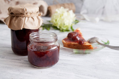 jars of strawberry jamの写真素材