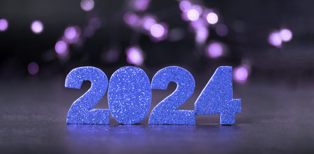 2024 glitter blue numbers with bokeh banner background. Happy new year 2024 concept.の写真素材