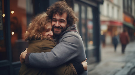 Portrait of loving couple embracing each other and looking at camera in the cityの素材