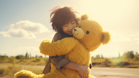 Little girl playing with her teddy bear in the field. Concept of childhood.の素材