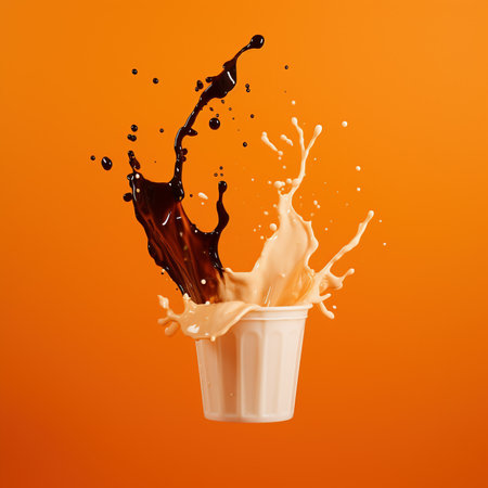 Splash of chocolate in a cup on orange background. AI Generativeの素材