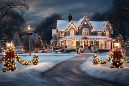 Christmas house in a snowy forest with lights and garlands. Christmas decoration.の素材