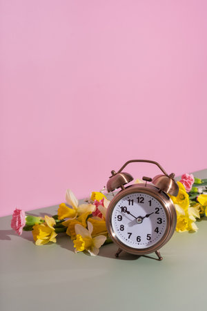 Alarm clock with spring flowers. Spring time, daylight savings concept, spring forward.