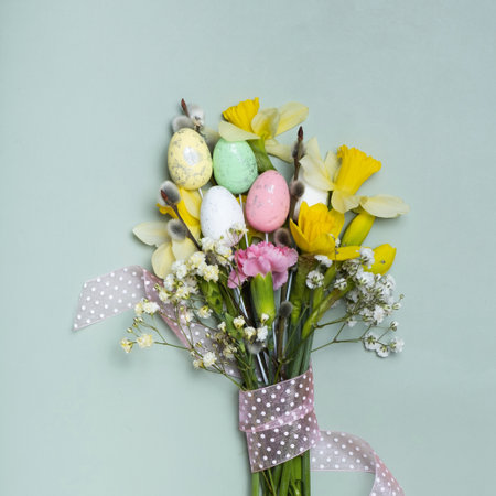 Easter spring bouquet with daffodils and willow on green background. Easter greeting card.