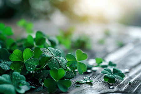 Green clover leaves with water drops on wooden background. St. Patrick's Day concept.の素材