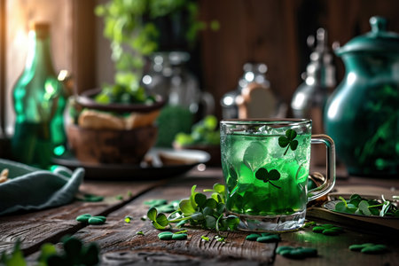 St. Patrick's Day green drink with leaf clover for St. Patrick's Day party.の素材