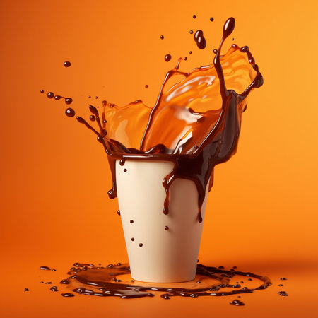 Cardboard coffee cup with splash on orange background. Mock up. Template. AI Generatedの素材