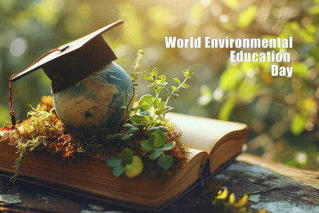 World Environmental Education Day text. Book with globe in graduate cylinder on nature backgroundの素材