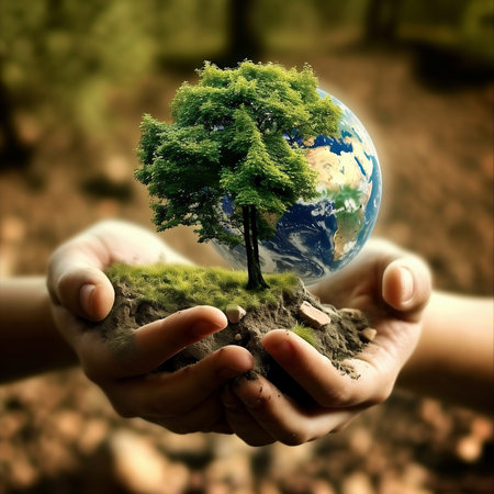 World Environmental Education Day concept. Tree with planet in hands on nature backgroundの素材