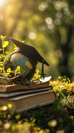 World Environmental Education Day concept. Book with globe in graduate cylinder on nature backgroundの素材