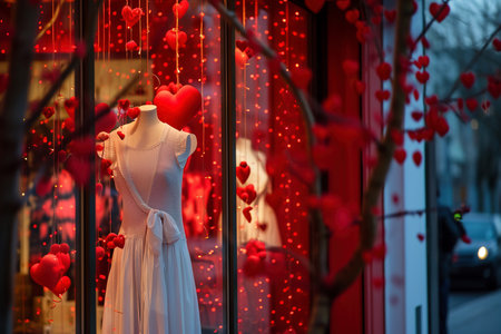 The shop window is festively decorated for Valentine's Day. Sales and promotions until Valentine's Dayの素材