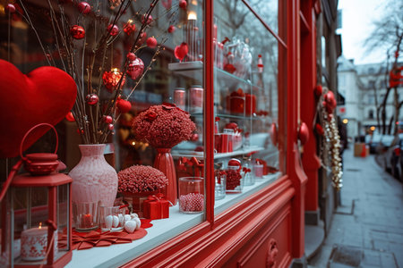 The shop window is festively decorated for Valentine's Day. Sales and promotions until Valentine's Dayの素材