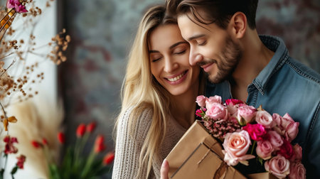 Beautiful inlove man and woman with flowers and gift box. Happy couple in Valentine's Day with copy space.の素材