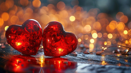 Two shining hearts are symbols of lovers. St. Valentine's day concept.の素材