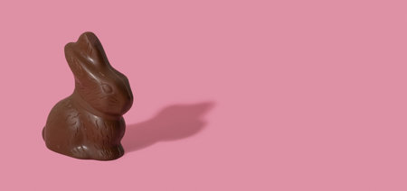 Chocolate rabbit symbol to Easter holidays isolated n a pink banner background with copy spaceの写真素材