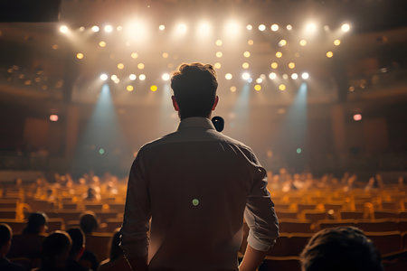 Rear view of a businessman standing in front of the audience at the hall. The concept of performing on stage, public speaking.の素材