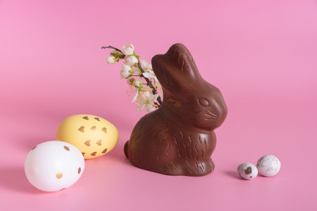 Chocolate rabbit symbol to  Easter holidays on a pink background.