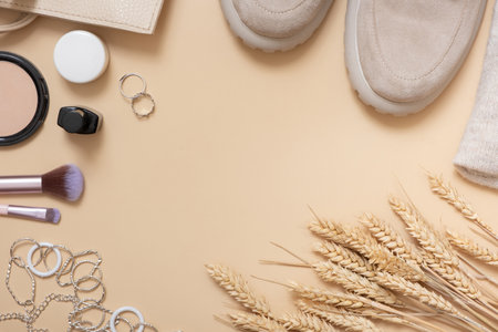 Shopping, fashion blog concept. Flat lay women's shoes, bag and cosmetics with copy space. Top view.の写真素材