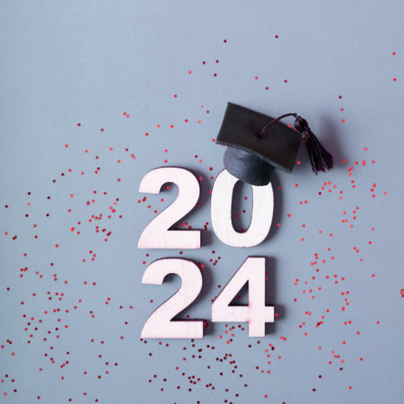 Class of 2024 concept. Number 2024 with graduated cap and confetti.の写真素材