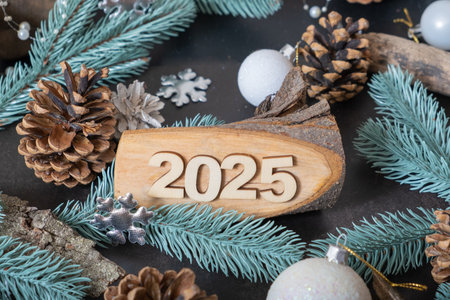 Numbers New Year 2025 on wooden backgrounds with winter decorations.の写真素材