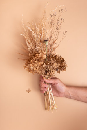 Bouquet of beige dried flowers, grass and leaves in woman hand on beige background top viewの写真素材
