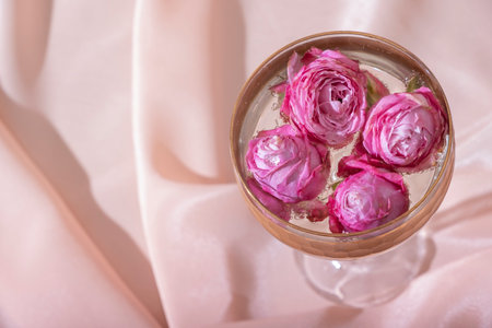 Top view bulbs in champagne around roses in the glass on folded textile background. Creative beautiful still life.の写真素材