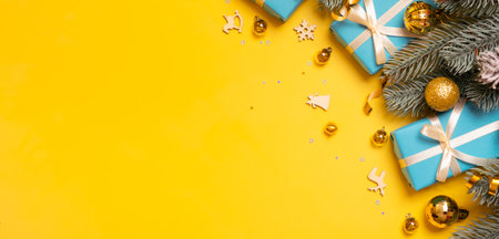 Christmas banner background yellow-blue colours. Christmas flat lay. Copy space.の写真素材