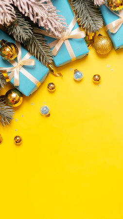 Christmas vertical yellow-blue background with pine tree, gifts and festive decorations top view. Christmas flat lay. Copy space.の写真素材