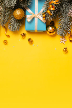 Christmas vertical background blue-yellow colours. Copy spaceの写真素材