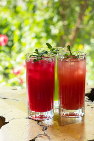 Colorful summer lemonades in glasses with ice and mint on a green background.の写真素材
