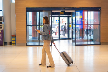 A woman in a denim jacket navigates the airport terminal, pulling a suitcase behind her. The busy environment buzzes with travelers and movement at afternoon time.の写真素材
