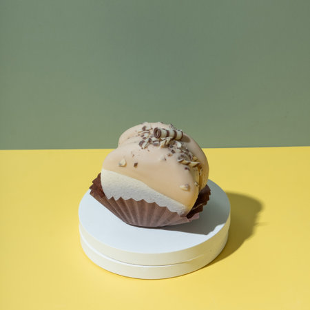 Delicious macaron with intricate design and flavors showcased on pastel yellow background