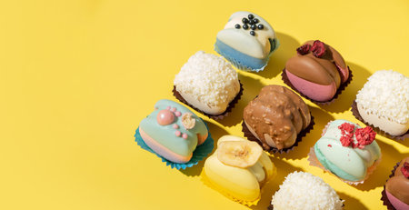 Set of different desserts macaroons on yellow background.の写真素材