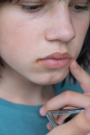 Pain and itching in corners of lips causes discomfort for a young person during daily routineの写真素材
