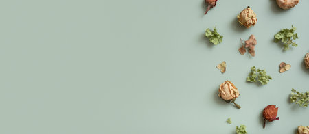 Banner with autumn pattern flat lay with from dried hydrangea flowers, roses and petals on colored...