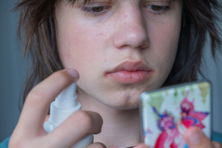 A child treats canker sores by applying a topical medication to the lips to soothe the pain and itching in the corners of the lips.の写真素材