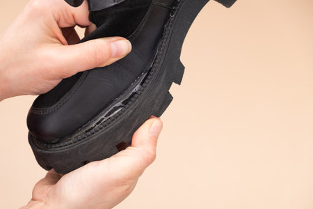 Someone examines the side of a black boot with a torn sole, focusing on the damaged area. The...