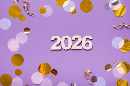 Brightly colored confetti and decorations surround the number 2026 on a purple background,...