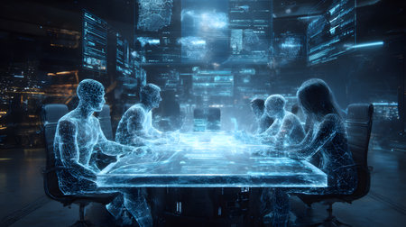 A group of six individuals sits around a glowing table in a futuristic conference room, engaged in a discussion while surrounded by digital screens and holograms.の素材
