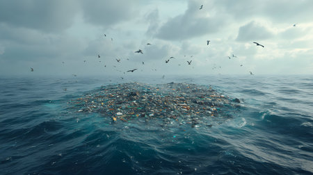 A large mass of plastic waste floats on the ocean surface while seagulls circle overhead. The scene highlights environmental pollution and its impact on marine life.の素材