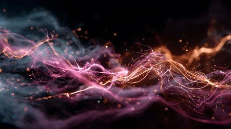 Vibrant light trails twist and swirl against a dark background, creating an enchanting display of colors. The dynamic patterns resemble waves of energy, captivating the viewer.の素材