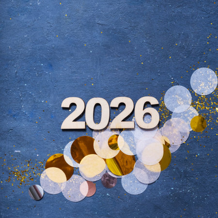 New year 2026 with shiny confetti pieces scattered on a dark blue surface.