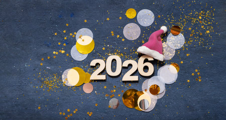 Celebration New Year 2026 with festive decorations including a red hat and glitter.の写真素材